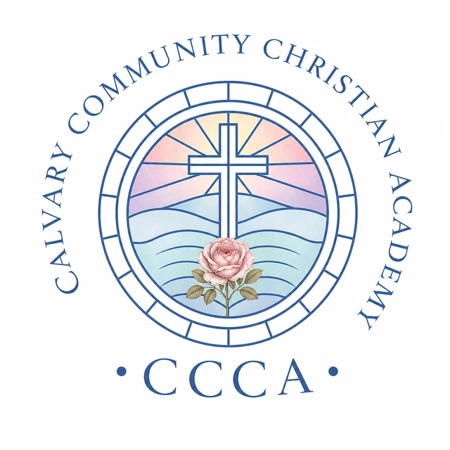 Calvary Community Christian Academy seal with a cross, sunrise, water, and rose